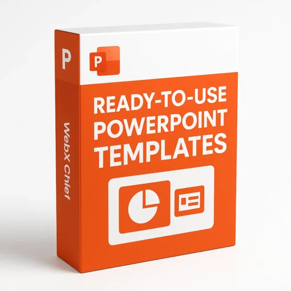 Ready to Use PowerPoint Templates bundle box by WebX Chief with slide preview graphics