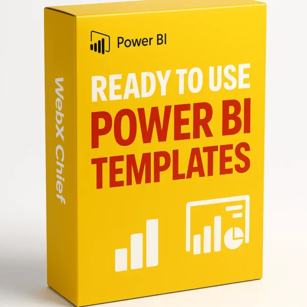 READY TO USE POWER BI TEMPLATES bundle box by WebX Chief with dashboard preview graphics